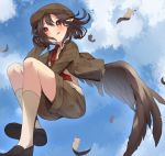  1girl black_hair black_shoes black_wings blue_sky blush brown_jacket brown_shorts clouds collared_shirt feathered_wings feathers flat_cap floating forbidden_scrollery hat highres jacket kneehighs legs_up looking_afar necktie pointy_ears red_eyes red_necktie shameimaru_aya shirt shoes short_hair shorts sky solo tongue tongue_out touhou usamata white_legwear white_shirt wind wings 