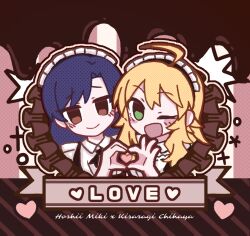  2girls ;d ahoge blonde_hair blue_hair brown_eyes character_name chiwawa174 closed_mouth green_eyes hand_up heart heart_hands heart_hands_duo hoshii_miki idolmaster idolmaster_(classic) kisaragi_chihaya long_hair looking_at_viewer maid maid_headdress multiple_girls one_eye_closed open_mouth smile yuri 