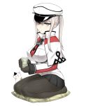 1girl blonde_hair blue_eyes breasts capelet cat cup full_body gloves graf_zeppelin_(kantai_collection) hat kantai_collection kneeling lang_(chikage36) large_breasts long_hair miniskirt pantyhose peaked_cap skirt solo tea teacup twintails 