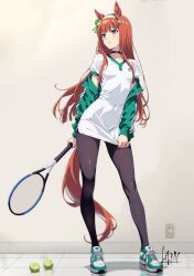  1girl animal_ears aqua_shoes black_choker black_pantyhose blue_eyes blush choker dress green_jacket hairband highres holding holding_tennis_racket horse_ears horse_girl horse_tail jacket kibidango_14-gou long_hair looking_to_the_side orange_hair pantyhose parted_lips racket shoes short_dress short_sleeves silence_suzuka_(umamusume) sneakers solo tail tennis_racket umamusume white_dress white_hairband 