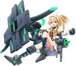  1girl :d argyle argyle_legwear armor ballista black_legwear blonde_hair bomb bow bow_(weapon) cosmic_break crossbow emblem feathers hair_ornament hairband headband holding huge_weapon kneehighs large_bow looking_at_viewer mecha_musume open_mouth orb pleated_skirt purple_eyes side_ponytail skirt smile solo therese_(cosmic_break) thighs violet_eyes weapon white_feathers 