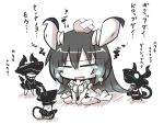  anchorage_water_oni black_hair chibi closed_eyes commentary covered_eyes crossed_bandaids crying dress glowing glowing_eyes gomasamune head_bump horns kantai_collection long_hair open_mouth overskirt pt_imp_group shinkaisei-kan tears translated white_dress 