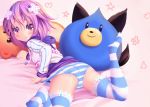  1girl blush dkoro dogoo hair_ornament heart heart-shaped_pupils highres looking_at_viewer neptune_(choujigen_game_neptune) neptune_(series) panties purple_hair striped striped_legwear striped_panties stuffed_toy symbol-shaped_pupils underwear violet_eyes 