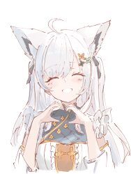  1girl ahoge animal_ear_fluff animal_ears blush braid closed_eyes commentary_request daimyojin_t earrings extra_ears fox_ears fox_girl grin hair_between_eyes hair_ornament heart heart_hands highres hololive jewelry long_hair looking_at_viewer shirakami_fubuki shirakami_fubuki_(8th_costume) sidelocks simple_background single_braid smile solo virtual_youtuber white_background white_hair 