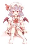  1girl bat_wings blush bow brooch full_body hat hat_bow jewelry lavender_hair mob_cap open_mouth pointy_ears red_eyes remilia_scarlet sash shize_(coletti) sitting solo touhou wings 