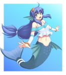  1girl :d ahoge arm_guards armpits bare_shoulders blue_background blue_hair bracelet fins gomi_(gomitin) green_eyes jewelry long_hair looking_at_viewer low-tied_long_hair mermaid monster_ears monster_girl navel off_shoulder open_mouth outstretched_arms puyopuyo scales seriri_(puyopuyo) shirt sidelocks simple_background smile solo starfish stomach very_long_hair white_shirt 