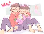  2boys arm_around_shoulder brothers brown_hair cellphone closed_eyes highres hoodie laughing male_focus mosodon multiple_boys osomatsu-kun osomatsu-san osomatsu_(osomatsu-kun) pants pants_rolled_up phone siblings simple_background sitting smartphone todomatsu white_background 