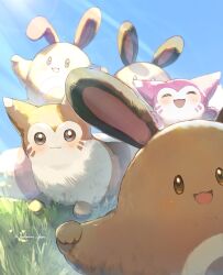  alternate_color animal_focus blue_sky blush closed_mouth furret grass highres hokaimo_pkmn no_humans open_mouth outdoors pokemon pokemon_(creature) pokemon_focus sentret shiny_pokemon sky smile 