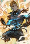  1boy akumey angry belt black_sclera blonde_hair brown_hair charging commentary_request cyborg damaged denim earrings energy genos highres injury jeans jewelry male_focus mechanical_parts onepunch_man pants parts_exposed shirt short_hair solo torn_clothes torn_jeans torn_shirt yellow_eyes 