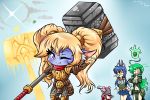  4girls animal_ears armor blue_hair blue_skin breasts cleavage commentary_request genderswap league_of_legends long_hair multiple_girls navel pointy_ears poppy teemo thresh twintails vilde_loh_hocen volibear warwick weapon yordle 