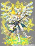  1girl ;) alternate_costume aqua_eyes blonde_hair grey_background guitar instrument ixima kagamine_rin looking_at_viewer magician_wiz_(game) one_eye_closed open_mouth short_hair shorts smile solo star vocaloid wings 