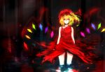  1girl acryl alternate_costume arms_at_sides bangs blonde_hair dark dress expressionless flandre_scarlet hat indoors light_frown looking_at_viewer mob_cap parted_lips partially_submerged red red_dress red_eyes reflection room short_hair side_ponytail sleeveless sleeveless_dress solo standing thighs touhou wading wings 
