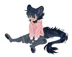  1boy absurdres animal_ears animal_feet animal_hands between_legs blue_eyes blue_hair claws deviidog0 english_commentary full_body fur-tipped_tail hand_between_legs highres hood hoodie male_focus monster_boy original pink_hoodie short_hair shorts simple_background sitting solo tail white_background 