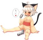  1girl animal_ears barefoot beer_can black_sclera cat_ears cat_tail drunk japanese_clothes kimono original petite short_kimono short_yukata sweat tail teranekosu white_background white_hair yellow_eyes yukata 