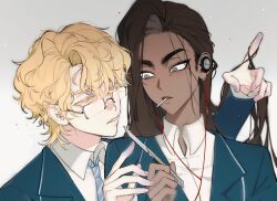  1boy 1girl absurdres alien_stage blonde_hair blue_jacket blue_necktie boxcutter brown_hair collared_shirt colored_extremities colored_eyelashes commentary earphones glasses grey_eyes hand_in_another&#039;s_hair highres holding holding_boxcutter hyuna_(alien_stage) jacket lollipop_in_mouth long_hair luka_(alien_stage) max1231maxmax necktie school_uniform semi-rimless_eyewear shirt short_hair symbol-only_commentary white_shirt yellow_eyes 