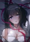  1girl absurdres black_hair bra breasts cleavage highres kuzu_no_honkai lens_flare looking_at_viewer lying on_back ribbon school_uniform short_hair solo tears underwear yasuraoka_hanabi yusan 