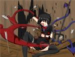  1girl arrow arrow_in_body asymmetrical_wings black_hair blood blood_from_mouth dress epic_armageddon highres houjuu_nue injury pixelated polearm red_eyes short_hair thigh-highs touhou trident weapon wings 