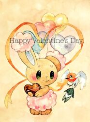  alternate_color balloon blush buneary closed_mouth fletchling full_body green_eyes happy_valentine heart heart_balloon no_humans non_(kumakawayusu) painting_(medium) pokemon pokemon_(creature) shiny_pokemon simple_background traditional_media watercolor_(medium) 
