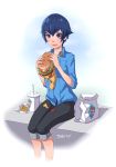  1girl absurdres bag blue_eyes blue_hair cheese dress_shirt drink food food_on_clothes french_fries hamburger highres itsjustsuppi necktie open_mouth persona persona_4 shirogane_naoto shirt short_hair shorts solo tomato 