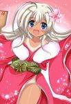  1girl :d ahoge alternate_costume blue_eyes collarbone flower hair_flower hair_ornament hanetsuki japanese_clothes kantai_collection kimono looking_at_viewer new_year no_panties open_mouth petals ro-500_(kantai_collection) silver_hair smile solo tan tanline tonchinkan 