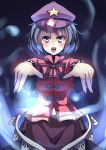  1girl :d blue_background blue_eyes blue_hair chinese_clothes foreshortening hat highres hitodama kanzakietc looking_at_viewer miyako_yoshika ofuda open_mouth outstretched_arms ribbon short_hair short_sleeves skirt smile solo star touhou zombie_pose 
