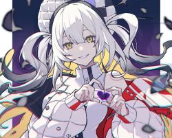  1girl black_tears broken_heart dress fate/grand_order fate_(series) fujikiri_yana grey_hair heart heart_hands jacket long_hair marie_antoinette_(fate) marie_antoinette_alter_(fate) marie_antoinette_alter_(first_ascension)_(fate) purple_lips smile tears tears_from_one_eye twitter_username white_dress white_jacket yellow_eyes 