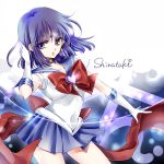  1girl artist_name bishoujo_senshi_sailor_moon blue_skirt bow brooch choker cowboy_shot earrings elbow_gloves expressionless gloves jewelry magical_girl pleated_skirt purple_hair red_bow sailor_collar sailor_saturn saturn_symbol shirataki_kaiseki short_hair signature skirt solo super_sailor_saturn tiara tomoe_hotaru violet_eyes white_gloves 