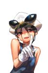  1girl bare_shoulders black_eyes black_hair fang gloves hat highres ian3314 looking_at_viewer open_mouth original pointing short_hair simple_background smile solo sunglasses white_background 
