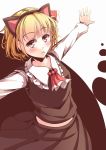  1girl animal_ears blonde_hair cravat fake_animal_ears fang hair_ribbon highres kanzakietc long_sleeves looking_at_viewer midriff outstretched_arms red_eyes ribbon rumia short_hair simple_background skirt skirt_set solo spread_arms touhou two-tone_background 