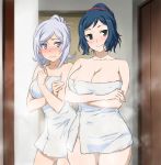  /\/\/\ 2girls aila_jyrkiainen black_eyes blue_eyes blue_hair blush breasts cleavage cowboy_shot crossed_arms furrowed_eyebrows girl gundam gundam_build_fighters hair_up iori_rinko large_breasts long_hair looking_at_viewer multiple_girls shoumaru_(gadget_box) silver_hair smile thigh_gap tied_hair towel wide_hips 