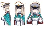  1girl adapted_costume alternate_costume blonde_hair blush breasts buttons cape from_side gloves graf_zeppelin_(kantai_collection) hair_between_eyes hands_on_own_cheeks hands_on_own_face hat jacket kantai_collection large_breasts long_hair long_sleeves looking_at_viewer looking_away looking_to_the_side peaked_cap ruisento sidelocks simple_background solo twintails uniform upper_body white_background white_gloves 