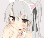  1girl amatsukaze_(kantai_collection) animal_ears bare_shoulders blush brown_eyes cat_ears close-up collar commentary_request face fang hair_ribbon hand_on_own_chin headband kantai_collection long_hair looking_at_viewer portrait ribbon shima_(shima_je) silver_hair simple_background solo two_side_up upper_body 