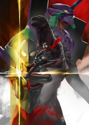  belt blazpu dorsal_fin eva_01 godzilla godzilla_(series) godzilla_(shin) helmet highres kaiju kamen_rider kamen_rider_1 kamen_rider_1_(shin) mecha neon_genesis_evangelion rider_kick robot scarf sharp_teeth shin_godzilla shin_japan_heroes_universe shin_kamen_rider shin_ultraman teeth tokusatsu ultra_beam ultra_series ultraman ultraman_(shin) yellow_eyes 