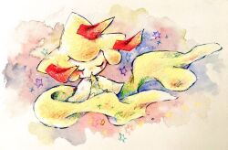  alternate_color closed_eyes colored_pencil_(medium) full_body jirachi no_humans non_(kumakawayusu) open_mouth painting_(medium) pokemon pokemon_(creature) shiny_pokemon simple_background solo tanzaku traditional_media watercolor_(medium) 