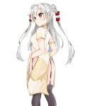 1girl alternate_costume amatsukaze_(kantai_collection) black_legwear blush brown_eyes character_print china_dress chinese_clothes commentary_request double_bun garter_straps hair_ornament kanisaka_shizuku kantai_collection long_hair looking_at_viewer looking_back no_panties rensouhou-kun simple_background solo thigh-highs white_background 