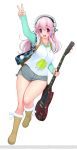  1girl blush breasts electric_guitar guitar headphones highres instrument large_breasts long_hair looking_at_viewer nitroplus open_mouth pink_hair pom_pom_(clothes) red_eyes simple_background smile solo super_sonico tsuji_santa v watermark white_background 