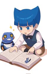  1boy :d aged_down black_bow black_bowtie black_socks blue_eyes blue_hair blunt_bangs book bow bowtie brown_shorts character_print croagunk highres long_sleeves male_focus nakikot_t open_mouth pointing pokemon pokemon_(creature) pokemon_dppt saturn_(pokemon) shirt short_hair shorts sitting smile socks sparkle vest white_background white_shirt 
