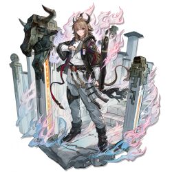  1boy animal_ears arknights bison_(arknights) bison_(soaring_will)_(arknights) black_jacket brown_hair chinese_clothes closed_mouth cow_boy cow_ears cow_horns cow_tail fire full_body grey_pants highres horns jacket looking_at_viewer male_focus medium_hair multicolored_eyes official_alternate_costume official_art orange_eyes pants ryuuzaki_ichi solo standing tail third-party_source transparent_background two-tone_eyes violet_eyes 