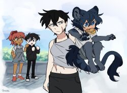  1girl 3boys absurdres animal_ears animal_feet animal_hands black_hair blue_eyes blue_hair camisole deviidog0 english_commentary food_in_mouth full_body fur-tipped_tail highres midriff monster_boy mouth_hold multiple_boys original outdoors scar scar_on_stomach shirt short_hair shorts tail 