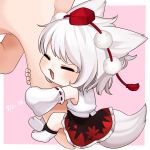  1girl animal_ears chibi closed_eyes dated detached_sleeves giant_hand gotoh510 groping hat highres inubashiri_momiji minigirl open_mouth ribbon-trimmed_sleeves ribbon_trim short_hair silver_hair skirt solo tail tokin_hat touhou wolf_ears wolf_tail 