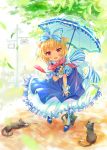  1girl :d animal_ears bangs bell blonde_hair blue_shoes blush bow cat cat_ears dress eyebrows eyebrows_visible_through_hair frilled_dress frills full_body hair_bow holding_umbrella leaf leaning_forward looking_at_viewer open_mouth original outdoors parasol pavement pole puffy_short_sleeves puffy_sleeves red_bowtie red_eyes sakuro shoes short_hair short_sleeves smile solo standing striped striped_bow umbrella white_dress white_legwear wrist_cuffs 