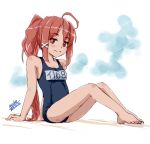  1girl 2015 4suke ahoge arms_behind_back artist_name bare_arms bare_legs barefoot blush dated hair_ornament i-168_(kantai_collection) kantai_collection leaning_back long_hair name_tag one-piece_swimsuit ponytail red_eyes redhead school_swimsuit sitting smile solo swimsuit 