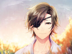  1boy brown_eyes brown_hair date_masamune_(sengoku_basara) eyepatch field hair_over_one_eye japanese_clothes kimono looking_at_viewer male_focus mikko_(mim_mikko) outdoors sengoku_basara short_hair smile solo white_kimono 