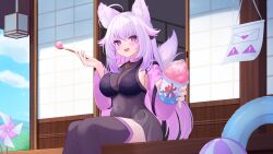  1girl :d absurdres ahoge animal_ears architecture ball beachball bell_sleeves black_bra black_leotard blue_sky blush bra breasts cat_ears cat_girl cat_tail clouds colored_inner_hair colored_tips commission covered_navel day east_asian_architecture eyelashes fang food g-string gold_necklace highres indie_virtual_youtuber innertube jewelry large_breasts leotard long_hair long_sleeves love_letter multicolored_hair necklace outdoors pink_nails pinwheel pisceun porch see-through_clothes see-through_shirt sharing_food shaved_ice shirt shiyuonline shouji sideboob simple_bird skeb_commission sky sliding_doors smile solo stirrup_legwear summer swim_ring tail thigh-highs thong toeless_legwear transparent_leotard underwear violet_eyes white_hair wooden_porch 