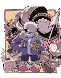  1boy absurdres armor black_sclera black_shorts blue_jacket border breastplate colored_sclera colored_skin dog dogamy dogaressa drawstring food gauntlets greater_dog grin heart highres holding holding_food holding_polearm holding_weapon hood hooded_jacket hot_dog jacket lesser_dog licking male_focus one_eye_closed outside_border pauldrons polearm sans_(undertale) shorts shoulder_armor skeleton slippers smile spear standing tail tail_wagging tongue tongue_out udohepu undertale weapon white_border white_skin 