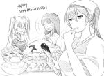  3girls akagi_(kantai_collection) anger_vein bread drooling english food kaga_(kantai_collection) kantai_collection long_hair meat monochrome multiple_girls muneate pie side_ponytail thanksgiving turkey_(food) twintails wangphing zuikaku_(kantai_collection) 