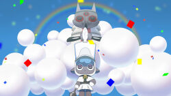  1boy 1other @_@ animal_ears bell black_collar black_eyes black_vest blue_sky capelet cat_boy cat_ears closed_mouth clouds collar colored_sclera confetti cult_of_the_lamb extra_eyes furry furry_male hand_on_own_hip hat highres holding_baton milgram miniskirt neck_bell parody rainbow red_pupils red_sclera robe shako_cap sheep sheep_ears skirt sky slit_pupils smile the_lamb_(cult_of_the_lamb) the_one_who_waits_(cult_of_the_lamb) tugarabe vest white_capelet white_hat white_robe white_skirt 