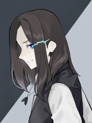  1girl bang_dream! black_hair black_vest blue_eyes closed_mouth commentary_request eye_trail highres jewelry light_trail long_hair looking_at_viewer nanami_(nunnun_0410) necklace shirt sidelocks solo upper_body vest wakana_rei white_shirt 