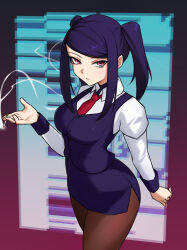  1girl breasts brown_pantyhose cigarette highres holding holding_cigarette jill_stingray long_hair long_sleeves looking_at_viewer medium_breasts pantyhose pencil_skirt pink_eyes puffy_sleeves purple_hair purple_skirt purple_vest sidelocks skirt smoke solo spottylen swept_bangs twintails va-11_hall-a vest wrist_cuffs 