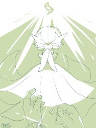  absurdres artist_name bob_cut closed_eyes dress gardevoir highres hime_takeo mega_evolution mega_evolution_symbol mega_gardevoir mega_pokemon out_of_frame own_hands_together pokemon pokemon_(creature) signature white_dress 